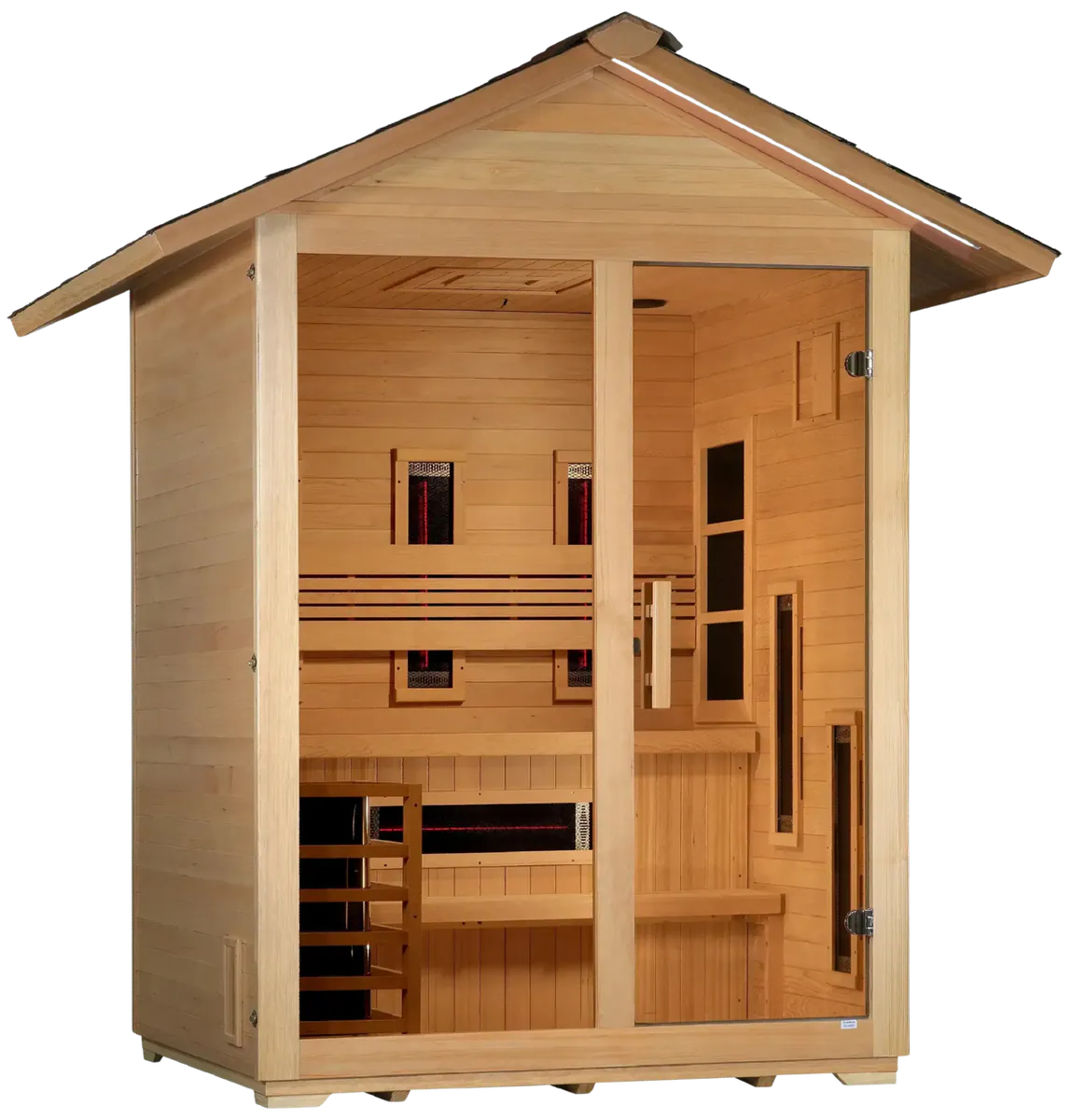 Golden Designs GDI-8123-01 Carinthia 3 Person Hybrid (PureTech Full Spectrum IR or Traditional Stove) Outdoor Sauna - Canadian Hemlock (New)