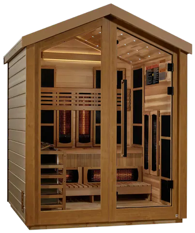 Golden Designs GDI-8523-01 Loviisa 3 Person Hybrid (PureTech Full Spectrum IR or Traditional Stove) Outdoor Sauna - Canadian Red Cedar Interior (New)