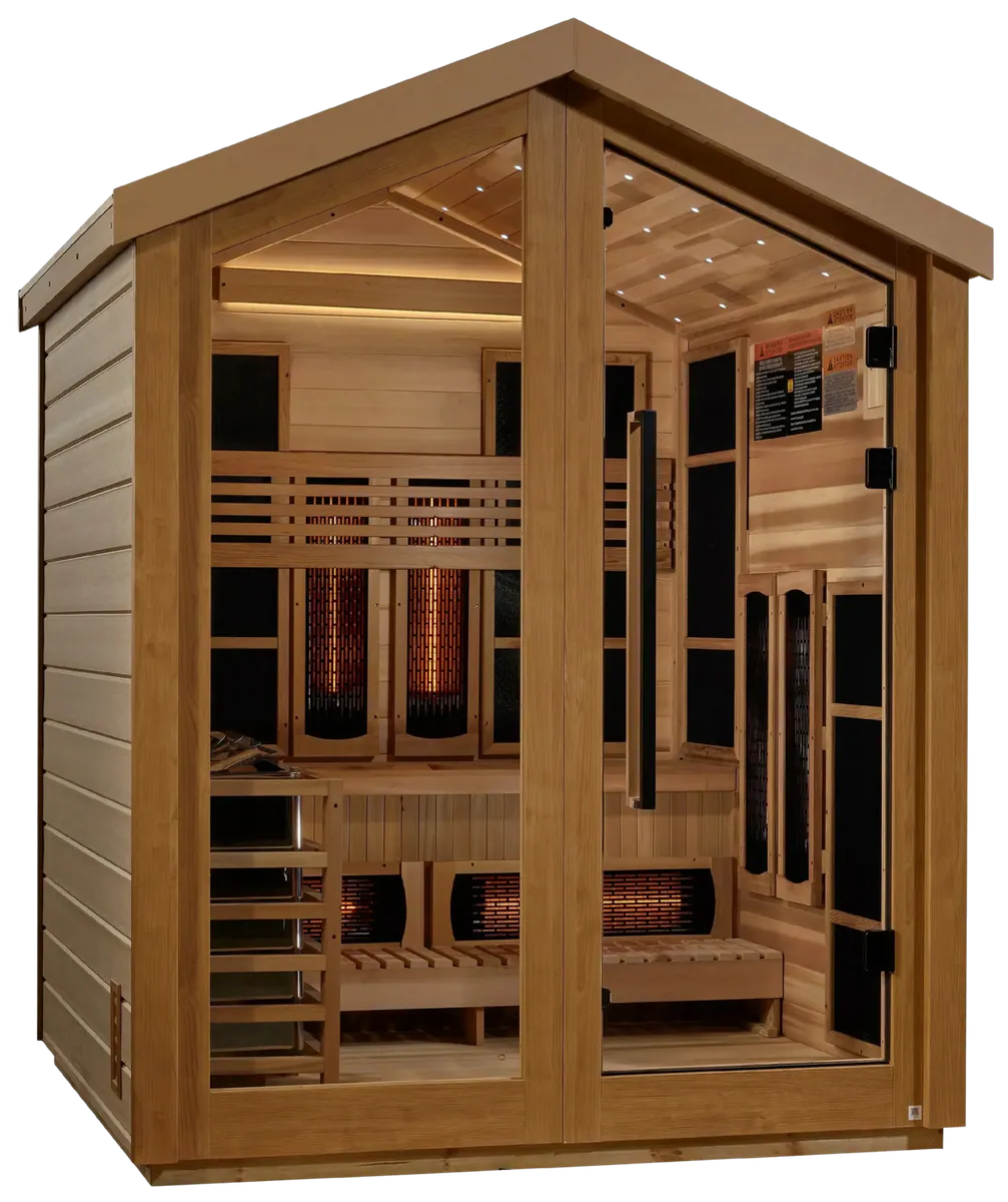 Golden Designs GDI-8523-01 Loviisa 3 Person Hybrid (PureTech Full Spectrum IR or Traditional Stove) Outdoor Sauna - Canadian Red Cedar Interior (New)