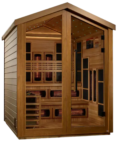 Golden Designs GDI-8526-01 Kaskinen 6 Person Hybrid (PureTech Full Spectrum IR or Traditional Stove) Outdoor Sauna - Canadian Red Cedar Interior (New)