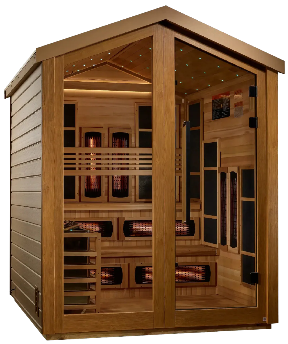 Golden Designs GDI-8526-01 Kaskinen 6 Person Hybrid (PureTech Full Spectrum IR or Traditional Stove) Outdoor Sauna - Canadian Red Cedar Interior (New)