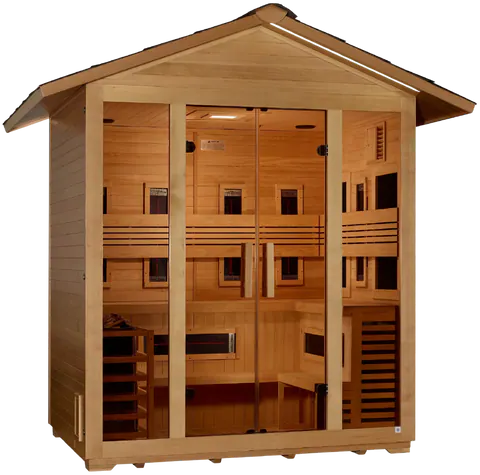 GoldenDesigns GDI-8125-01 Gargellen 5 Person Hybrid (PureTech Full Spectrum IR or Traditional Stove) Outdoor Sauna - Canadian Hemlock (New)